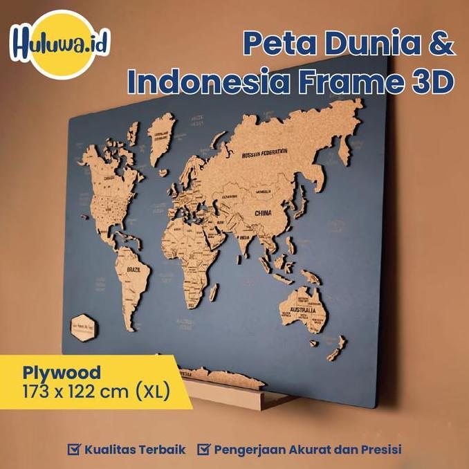 Peta Frame 3D / Peta Dunia & Indonesia Frame 3D / 3D Wall Map Decor Dinding