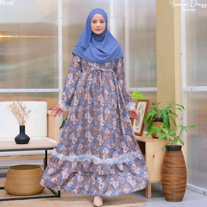 Yoona Dress By Hasnaliya | Gamis Yoona | Gamis Bunga Cantik Motif Lembut Serut