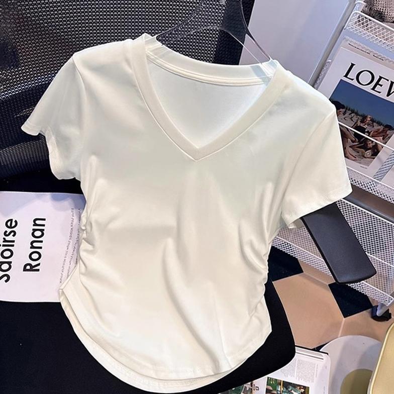 kaos crop polos wanita / Kaos berusuk V-neck / kaos crop wanita korea / Peregangan kaos ketat / crop