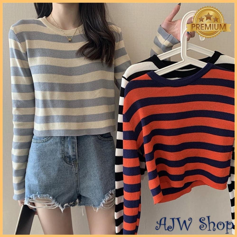 AJW Atasan Crop Rajut Lengan Panjang Import Premium Salur Garis Garis RK | Crop Top Lengan Panjang R