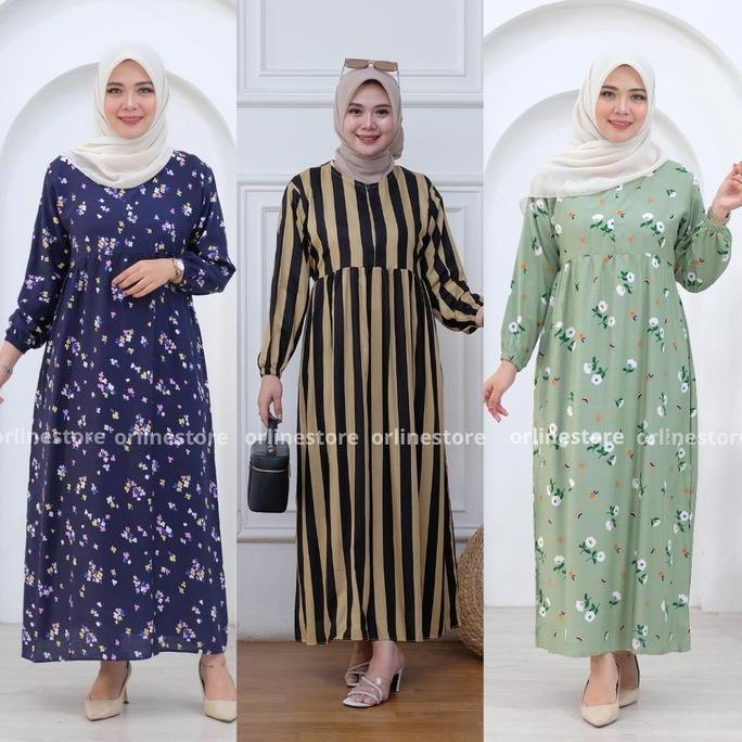 Orlinestore Midi Dress Kain Rayon Viscose Premium Gamis Muslim Panjang Rempel Wanita Dewasa Remaja L
