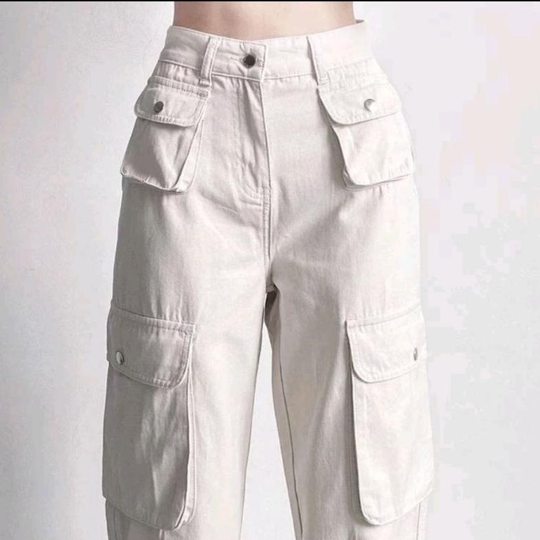 ORIGINAL CELANA CARGO KREM HIGHWAIST WANITA-CELANA CARGO DENIM PASIR PUTIH NEW-CELANA CARGO WANITA