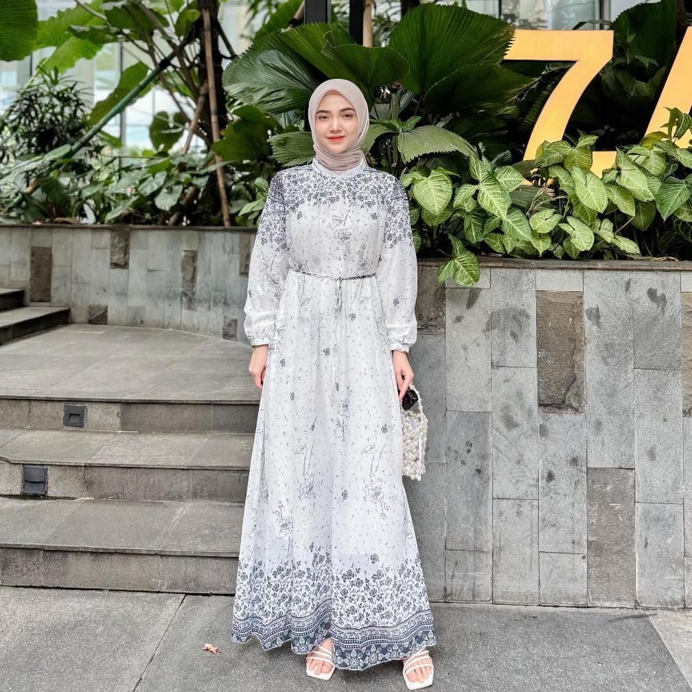 Sale FANMU Gamis Putih Kondangan Premium Dress Floral Muslim Wanita
