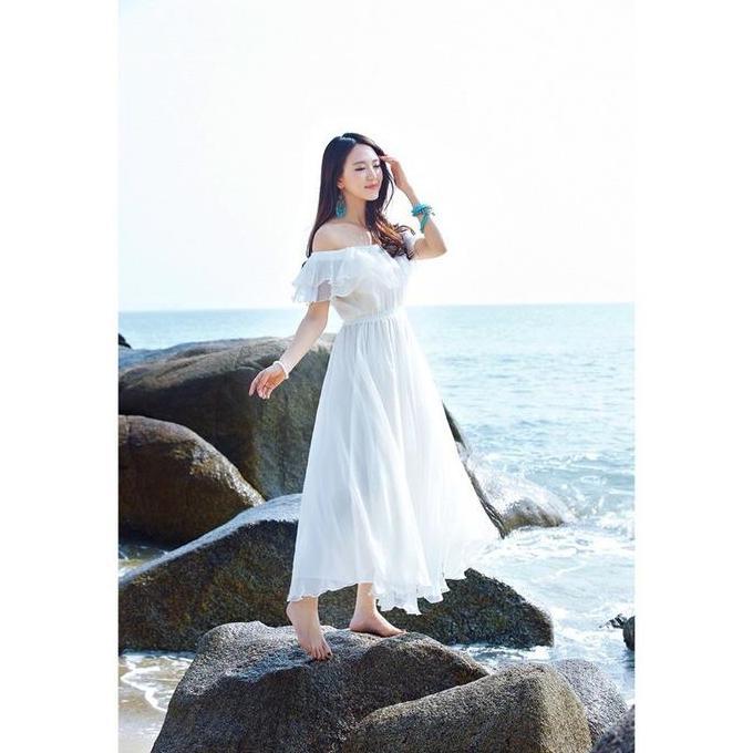 Dress Pantai / Dress Sabrina Sifon Ceruty Ukuran Standar Dan Besar / Gaun Panjang Wanita Dewasa Puti