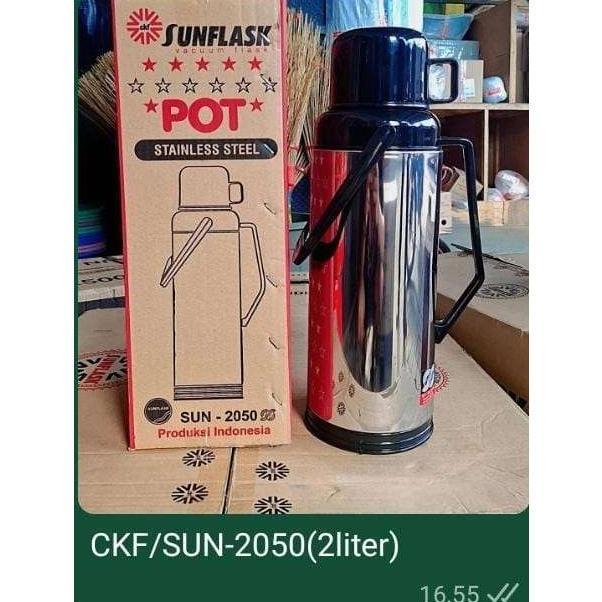 SUNFLASK Termos Air Panas Stainless Pencet SUN-2050 Vacuum 2 Liter Bahan Stainless & Kaca Kapasitas 