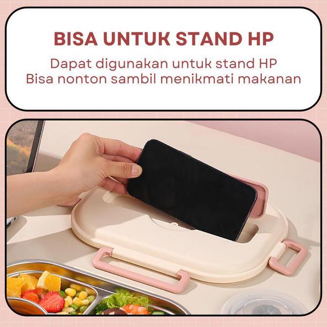 [PINK] FREE TAS Lunch box kotak makan Set stainless 304 sekat 4/5 1500ml anti tumpah sendok garpu St