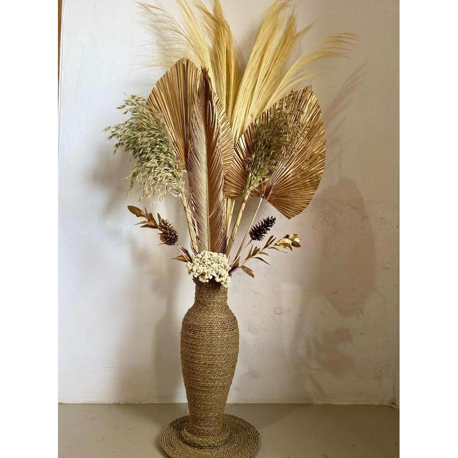 Paket Bunga Kering dan Pot Besar/ Dekorasi Rustic/ Daun Palem Kering/ Pampas Kering/ Dekorasi Rustic