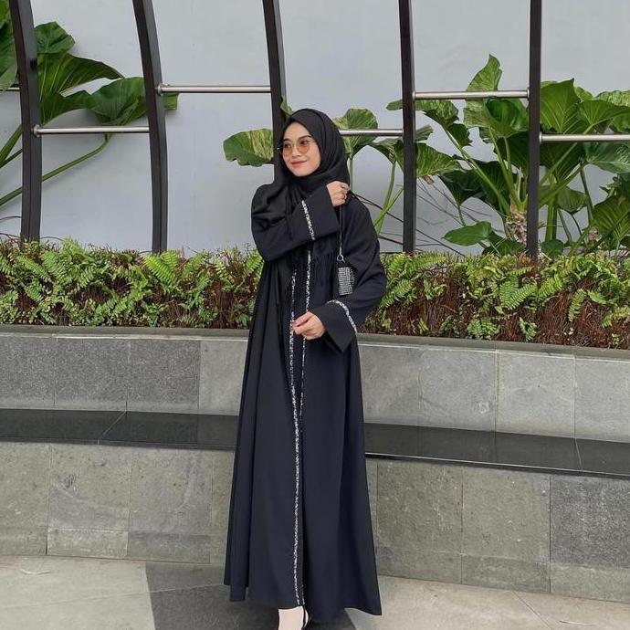 Firanda Abaya Nazwa - Gamis Hitam Wanita Muslim Payet Basic Dress Umroh Lebaran Cantik Mewah Simple 