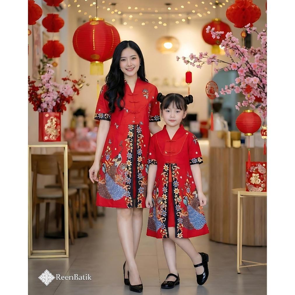 Batik Couple Imlek Keluarga Warna Merah / Dress Cheongsam / Midi Dress Batik / Series BC Red