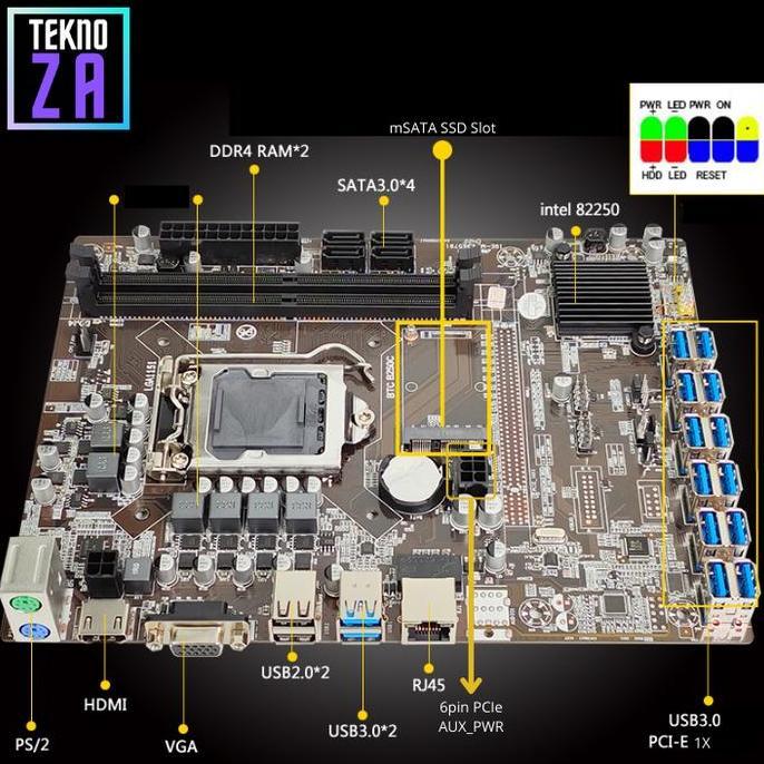 NEW Mining Motherboard 12 VGA B250C-BTC 12 PCIE USB Slot with 6pin AUX