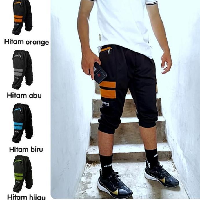 Celana Jogger Pendek Olahraga RHN My Style 3/4 Kain Fleece Nyaman Hitam Oren Abu Sport dengan Saku D