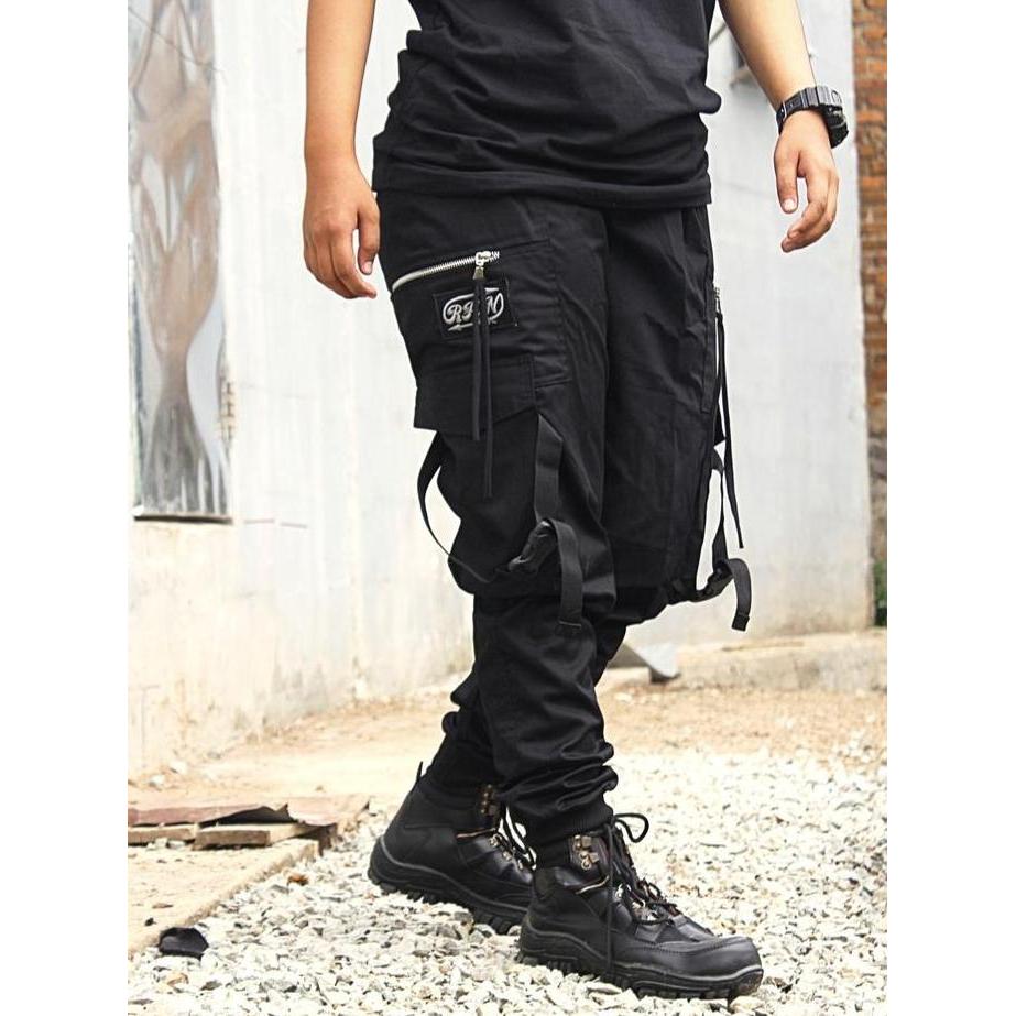 Celana Jogger Panjang Cargo Pria Sport Katun Hitam Fit Pinggang Karet Melar Nyaman Celana Pendaki Gu