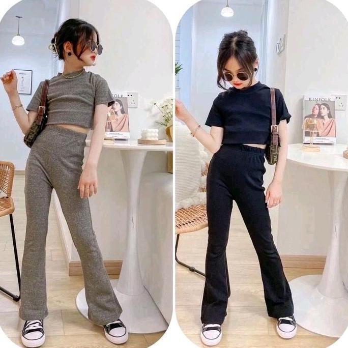 27 One Set Setelan Baju Anak Perempuan Celana Cutbray + Crop Polos