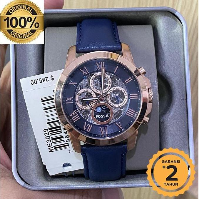 ME3029 Grant Skeleton Dial Navy Blue Leather original terlaris