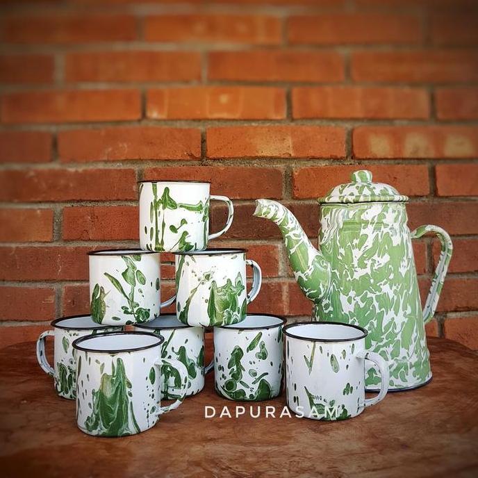 Set Teko Tinggi + 8 Mug Lurik 7cm Enamel Seng Blek Vintage Gelas Jadul Blirik tea  set KUN