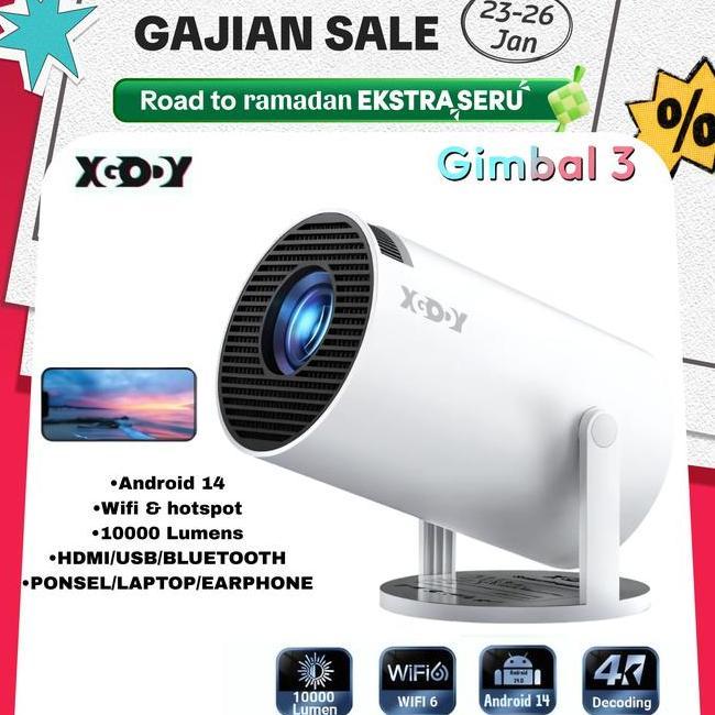 Xgody Gimbal 3 Smart Proyektor Lcd Android 14 720P Builtin Speaker Netflix 220 Ansi