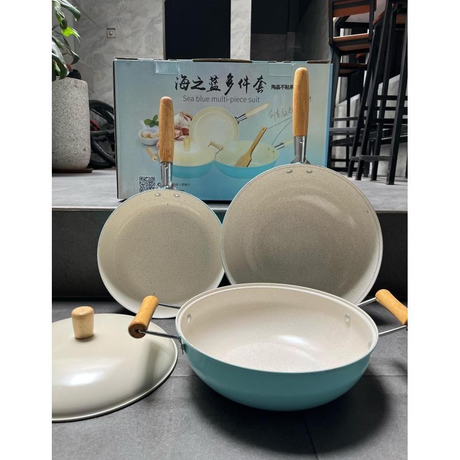Set Paket 3in1 3 in 1 Wajan Keramik Biru isi 3 pcs Panci Masak Penggorengan Soup Sup Anti Lengket Ce