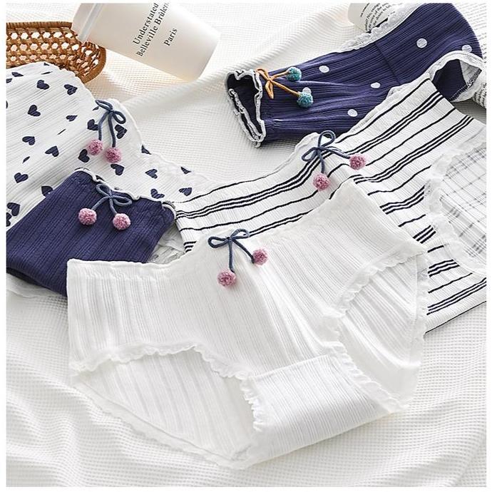 MoodStyle // CD2146 Knickers Pastel Navy Motif Cherry Celana Dalam CD Cewek Lucu Putih Fashion Wanit
