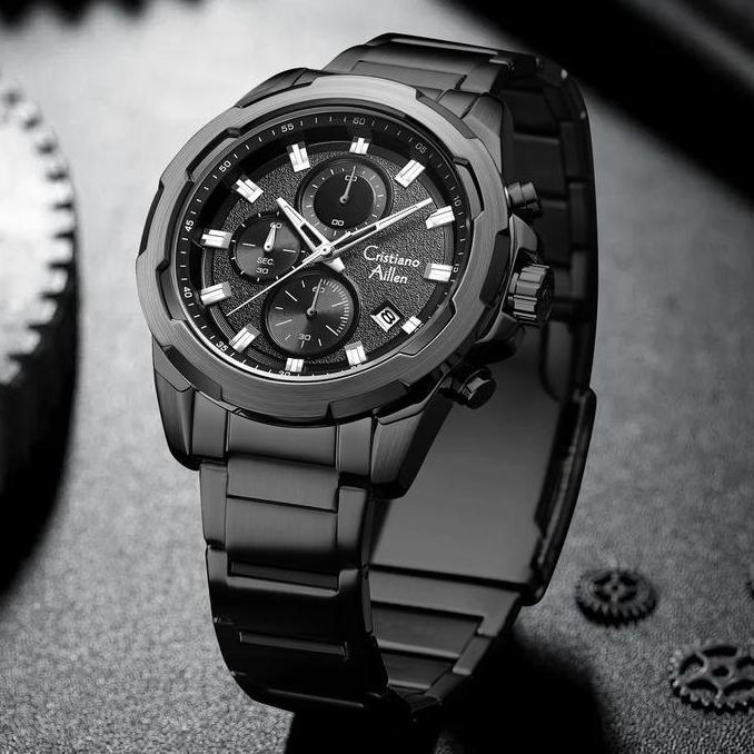 Cristiano Aillen Jam Tangan Pria Analog 8888 Rantai Stainless Steel Chronograph Kaca Sapphire Water 