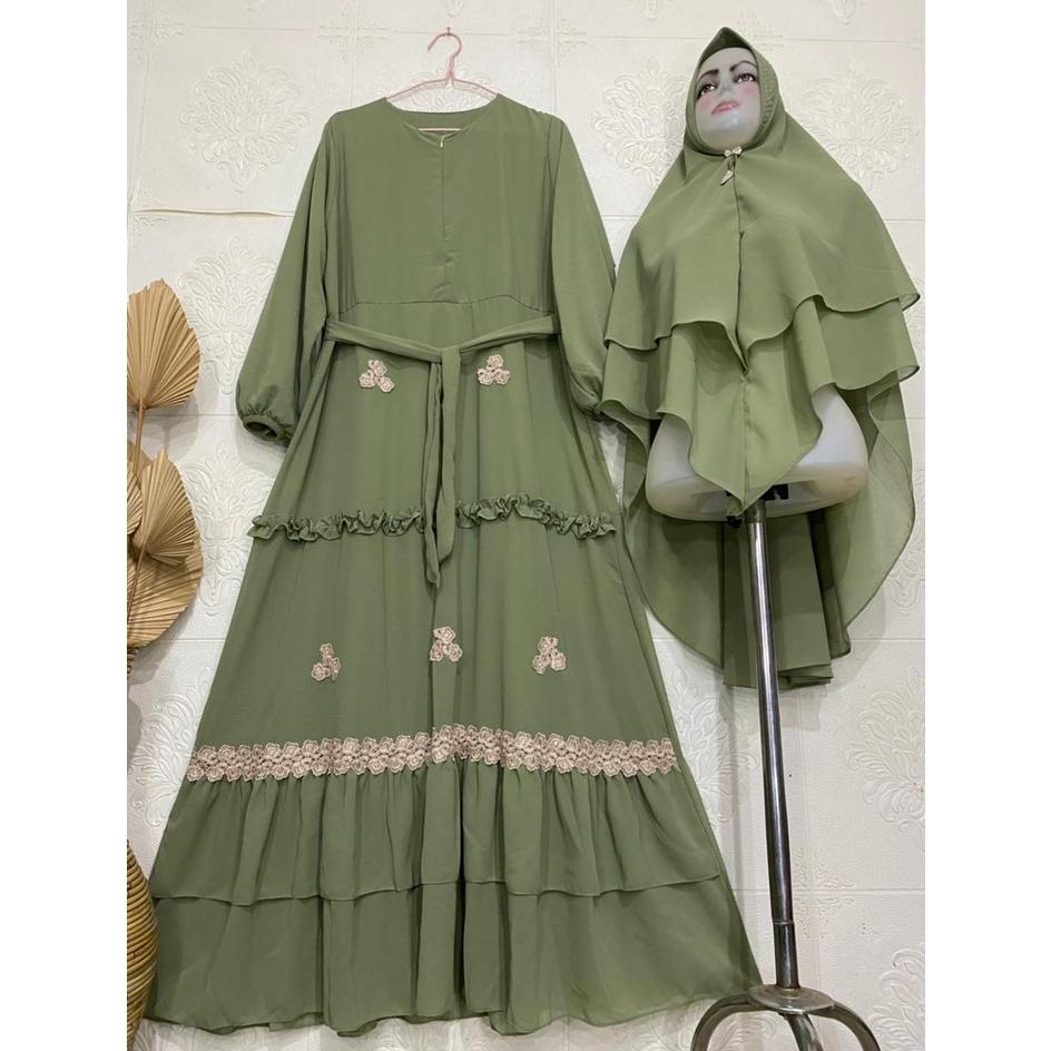 Sale Gamis Syari Ceruty Renda / Gamis Terbaru Mix Renda Bunga Cantik / Gamis Ceruty Babydoll