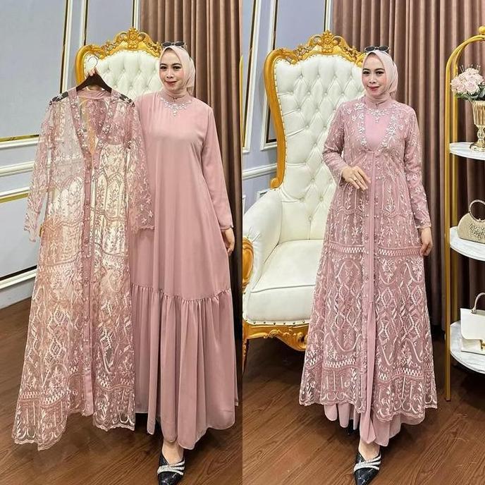 Setelan Outer Brukat + Dress Kondangan Arimbi Set Wanita BAhan Ceruty Babydoll Model Kekinian