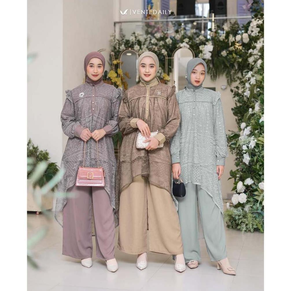 HOT Kaia Oneset Setelan Atasan Tunik Brukat & Celana Kondangan Elegan