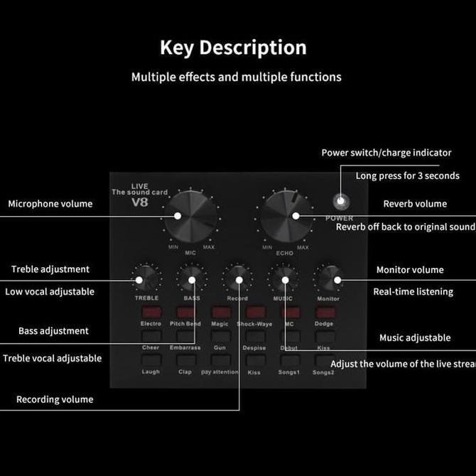 Allthebest- SoundCard V8 Audio untuk HP PC Mac Live Broadcast Karaoke Audio Mixer