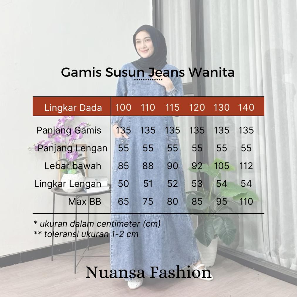 terlaris gamis susun jeans wanita non busui rempel bawah