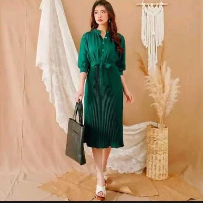 terbaru (murah) dress midi wanita terbaru / dress plisket cotton premium combi / dress korea