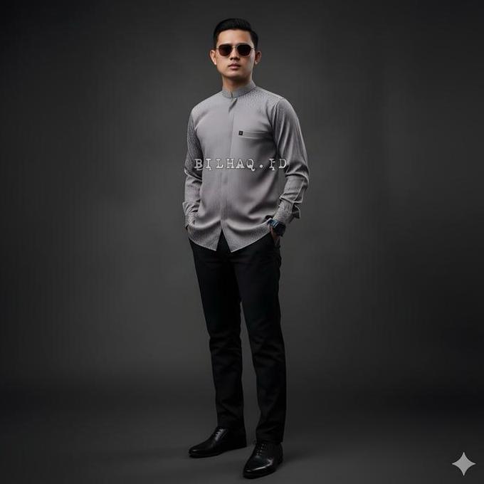 BILHAQ - kemko ikram Soft sage kemeja lengan panjang pria motif timbul warna sage baju muslim sangha