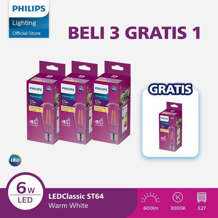 Paket Lampu Philips Beli 3 Dapat 4 Lampu Philips Filament Bohlam LED 6W ST64 E27 Kuning