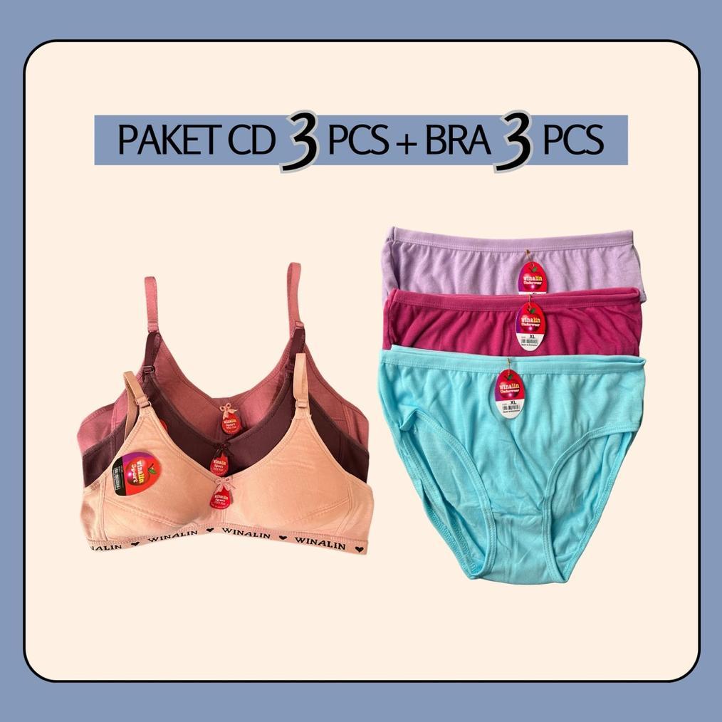 Paket 3 Pcs CD + 3 PCS Bra Celana Dalam Dan Sport Bra Wanita Katun Lembut 3 Pasang Set CD BH Cewek R