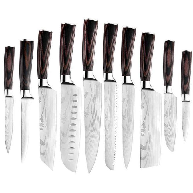 Pisau Dapur Daging Serbaguna Bilah Lebar Tajam Damascus Pattern Stainless Steel 5Cr15, Gagang Kayu E