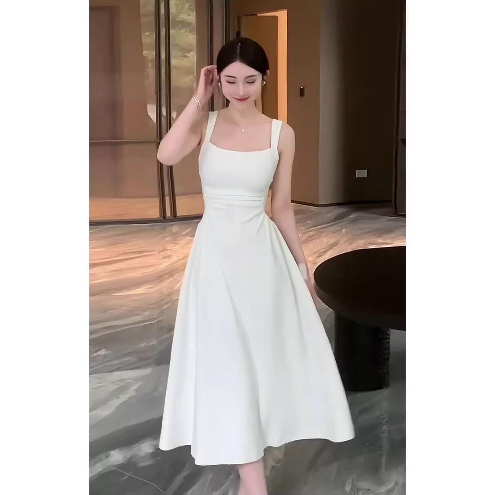 Meirong baju dress putih pantai panjang korea style white dress santai tanpa lengan well oversize wa