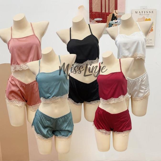 Setelan Baju Tidur Lingerie Satin Set Croptop dan Hotpants Celana Pendek Premium