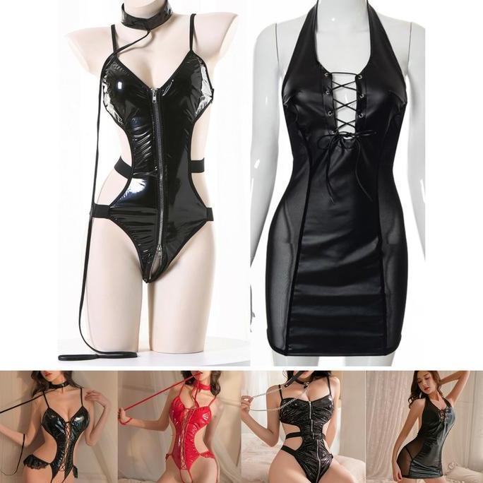 LINGEIRE SEKSI KULIT PU BACKLESS MINI DRESS MODEL EROPA AMERIKA