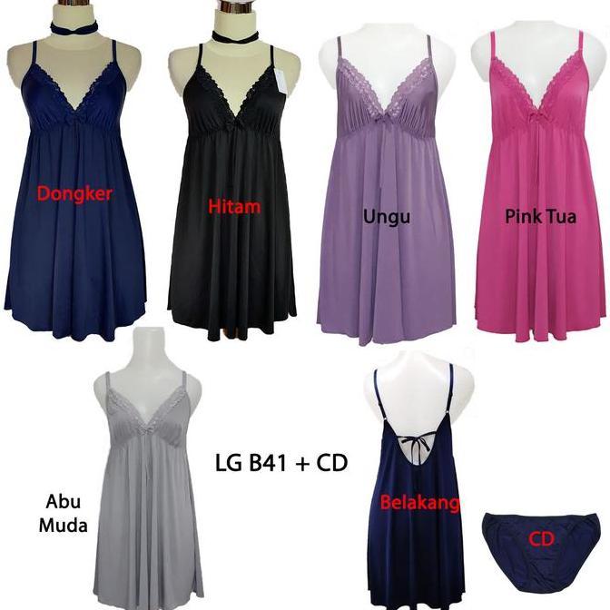 LG B41 + CD Baju Tidur Wanita Lingerie Panjang Dress & Celana Dalam Satin Lembut All Size Hitam Pink