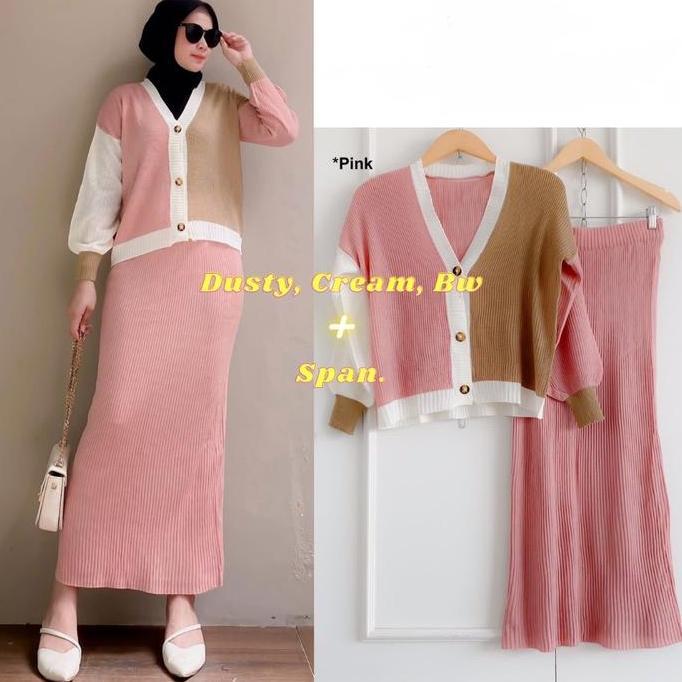 Ginfinik- Yena One Set Cardigan 3Tone + Rok Rajut Span Setelan Wanita Baju Rajut Premium Rok Knit Da
