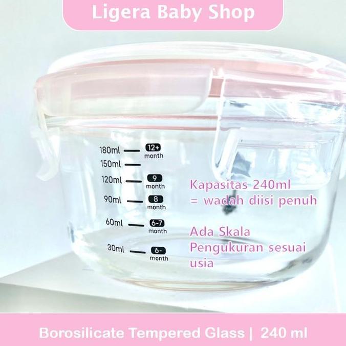 Bybsand- Ligera 240Ml Baby Glass Food Container Ada Takaran / Wadah Kaca Tempat Simpan Makanan Mpasi