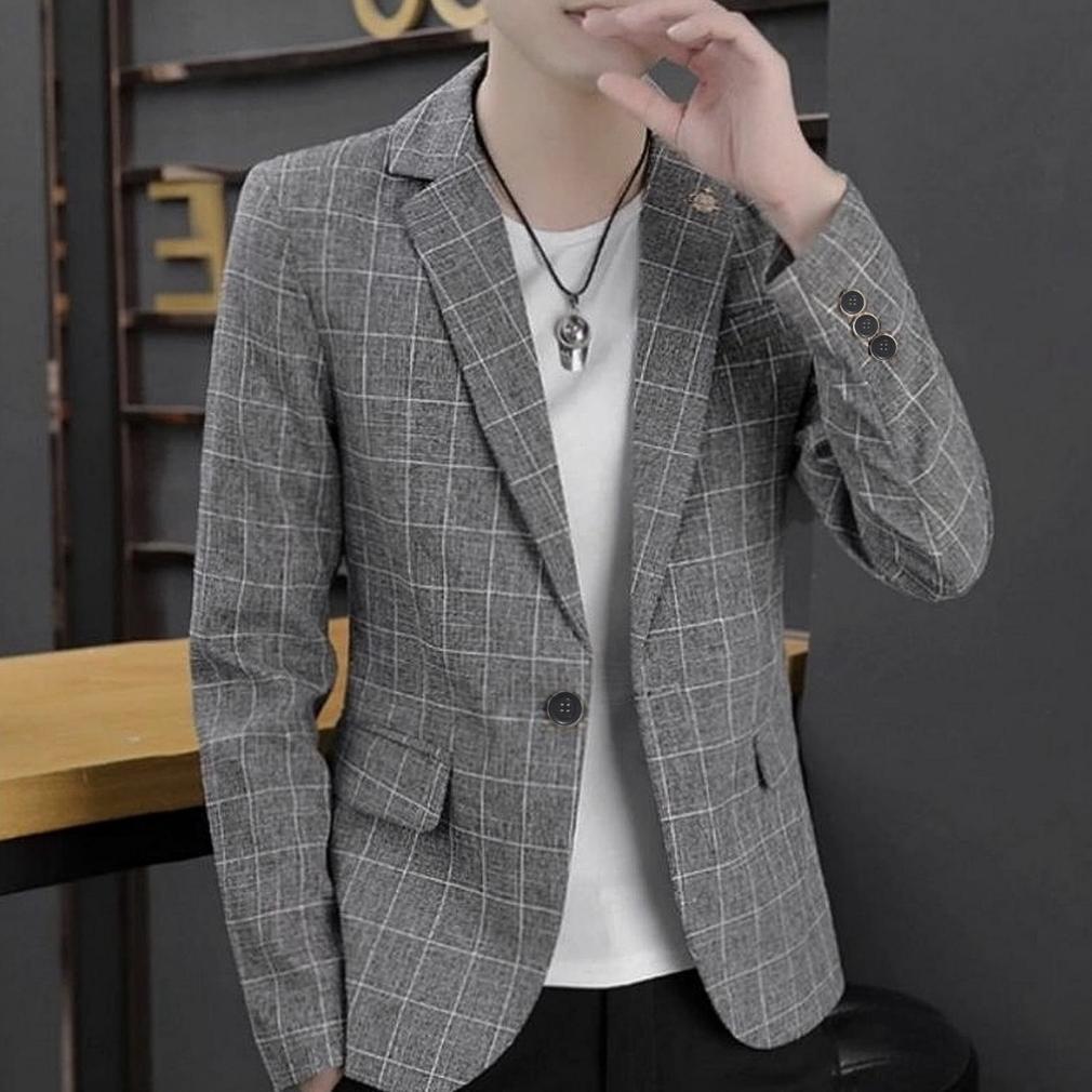 TERMURAH Jas Blazer Tartan Pria Formal SlimFit / Blazer Pria Kotak-kotak Longsleeve ORIGINAL - Abu-a