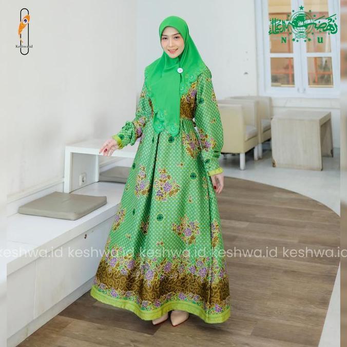 Gamis Muslimat NU Hijau Muda Semi Sutra Seragam Pengajian Nahdlatul Ulama by Keshwa Wanita Dress Sya