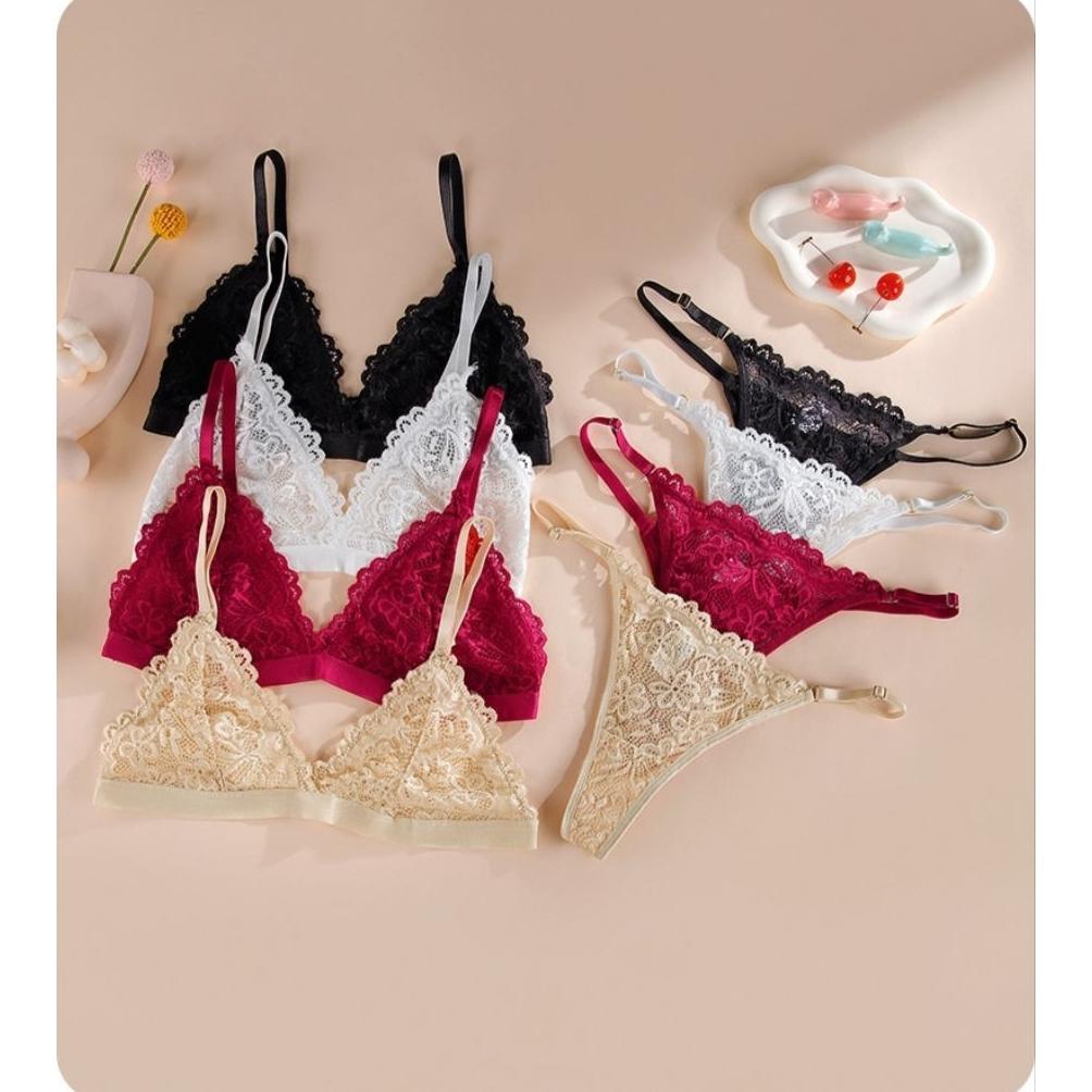Odette Bra Set Setelan BH Tanpa Kawat CD Gstring Celana Dalam Panties Tidur Lace Bralette Sexy Renda