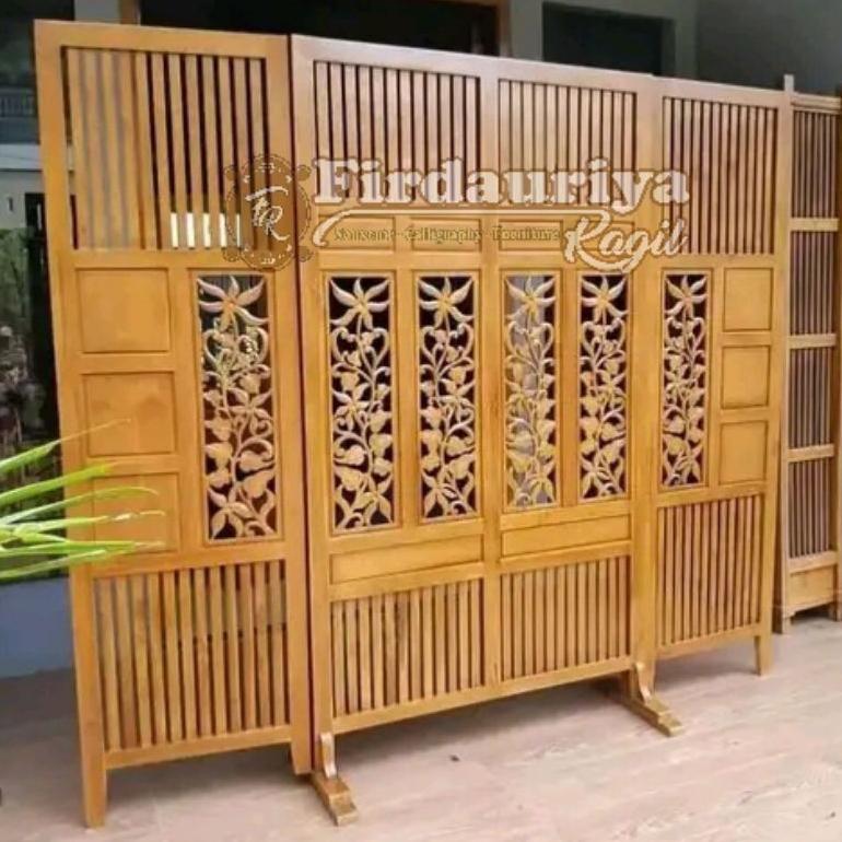 [HX] Penyekat ruangan 180x200cm antik kayu jati jepara 4 sap daun pintu 2 meter finising pembatas sk