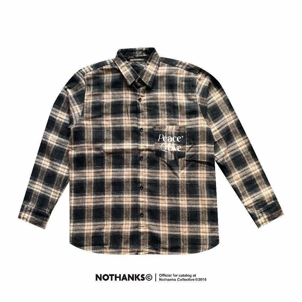 HOT PRODUCT FLANEL NOTHANKS PEACE LOVE VETERANO BROWN BLACK kemeja pria wanita distro clothing