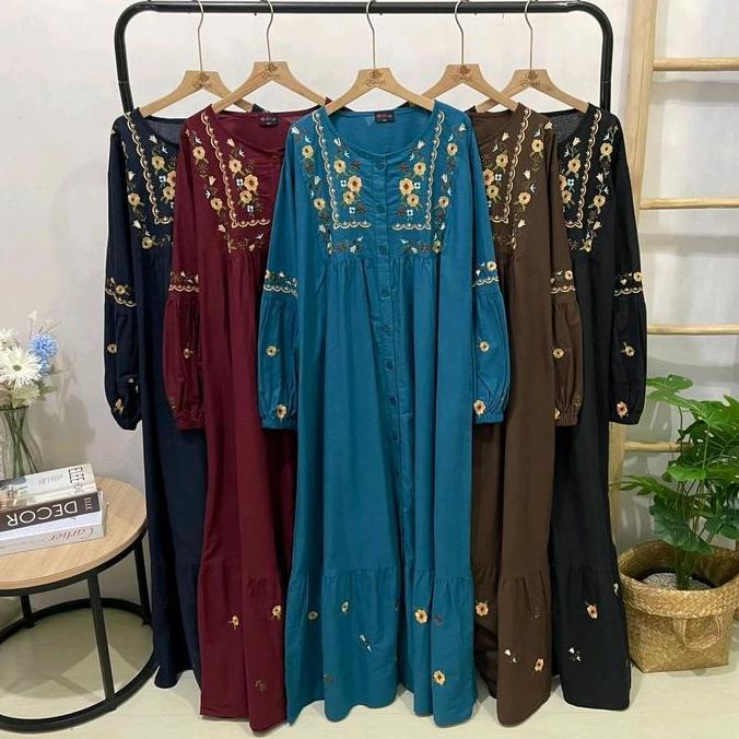 Gamis jumbo Abaya Busana muslim Giani Bordir linen ld 120 130 140 cm