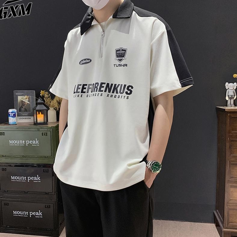 new kaos kerah oversize polo shirt pria polos lengan pendek zipper putih & hitam korean style baju k