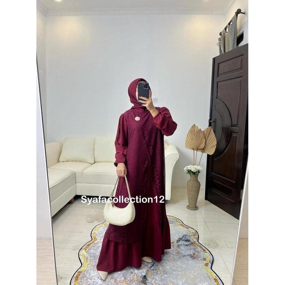 Syafacollection Alfina Dress Gamis dengan Model Polos dan Kombinasi Brukat Malika untuk Wanita Musli