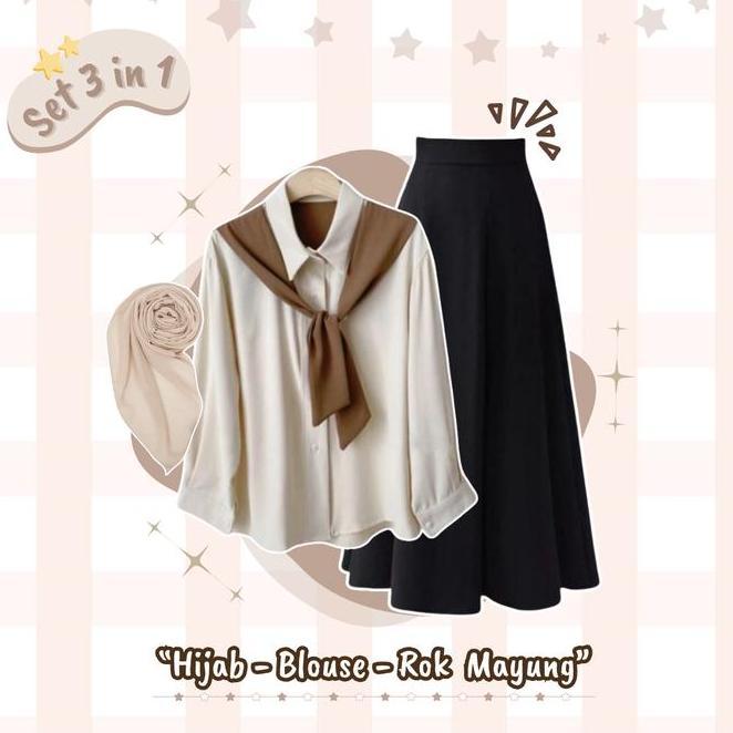 Outfit Set 3In1 Setelan One Set Korea Kekinian Blouse Kemeja Rok Mayung Jilbab Segi 4 Ootd Ala Hijab