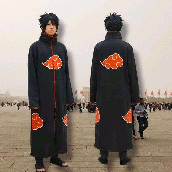 Jubah cosplay naruto Akatsuki Panjang Pria Hitam Zipper Dewasa dan anak