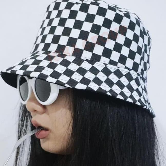 DF395 - Topi Bucket Hat Motif Kotak-Kotak Topi Pria & Wanita Kekinian Dewasa Putih Musim panas